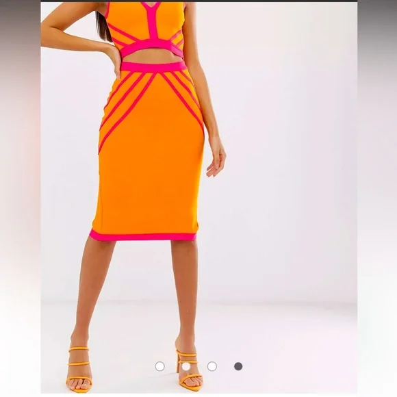 BNWT The Girlcode bandage pencil midi skirt in orange and pink - Picture 3 of 5